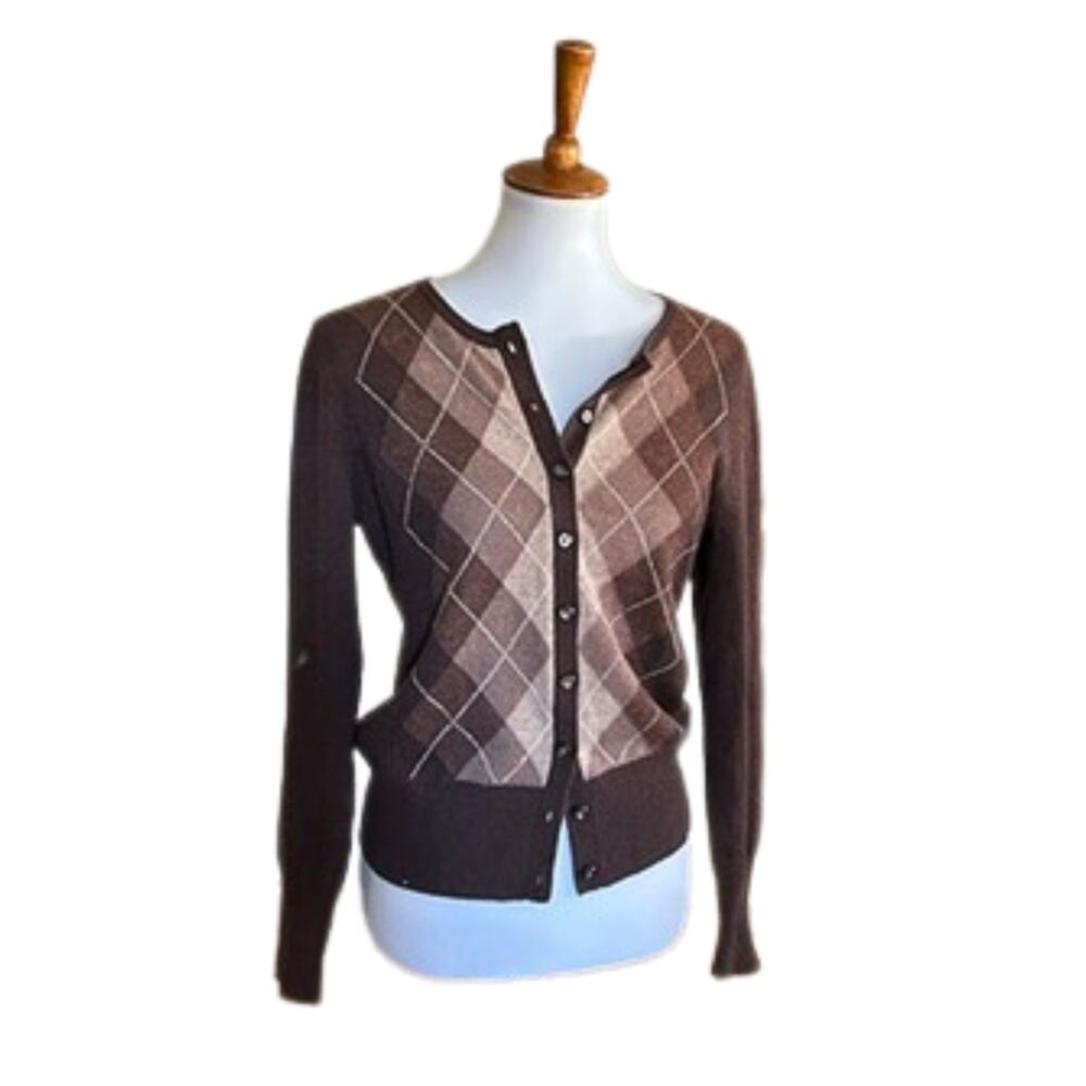 Pure Cashmere Brown Argyle Cardigan Medium